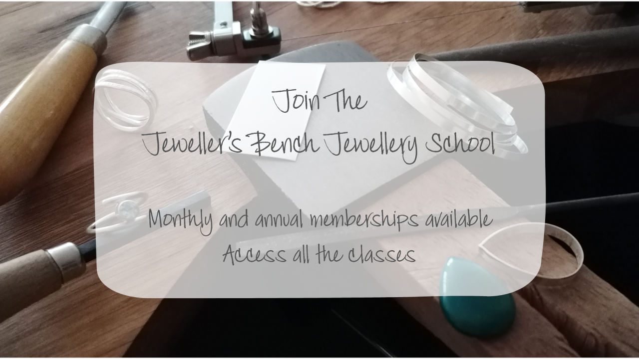 an image of selection of jewellery tools and materials laid out on a jeweller's bench, overlaid with the words Join The Jeweller's Bench Jewellery School, monthly and annual memberships available, access all the classes